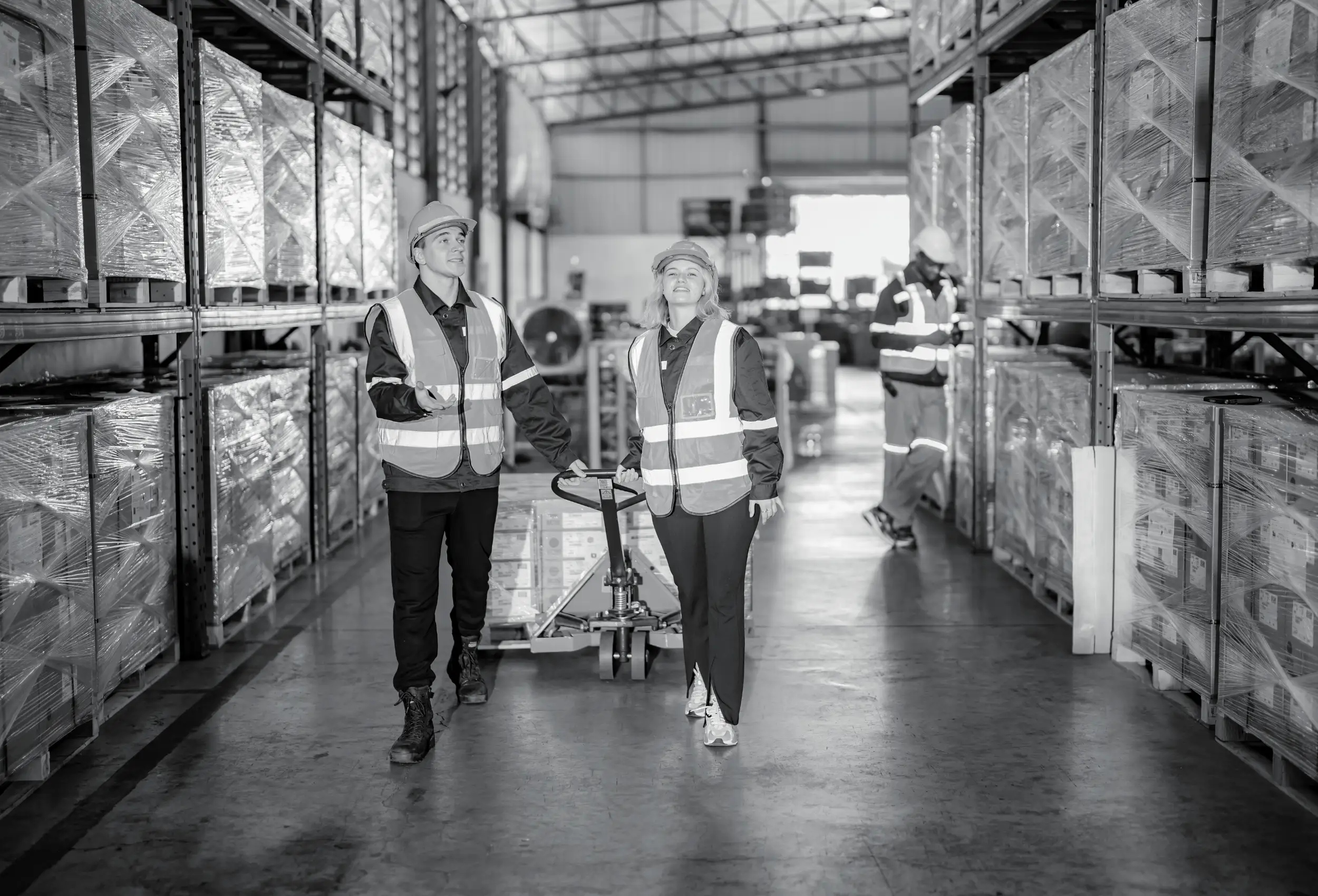 Warehouse workers in safety vests walking together down warehouse aisle