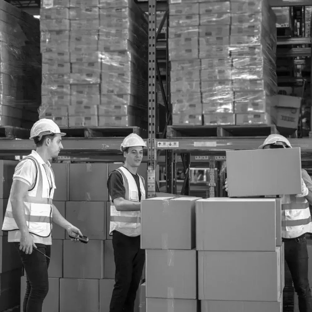 Warehouse staff handling and organizing pallets in storage area