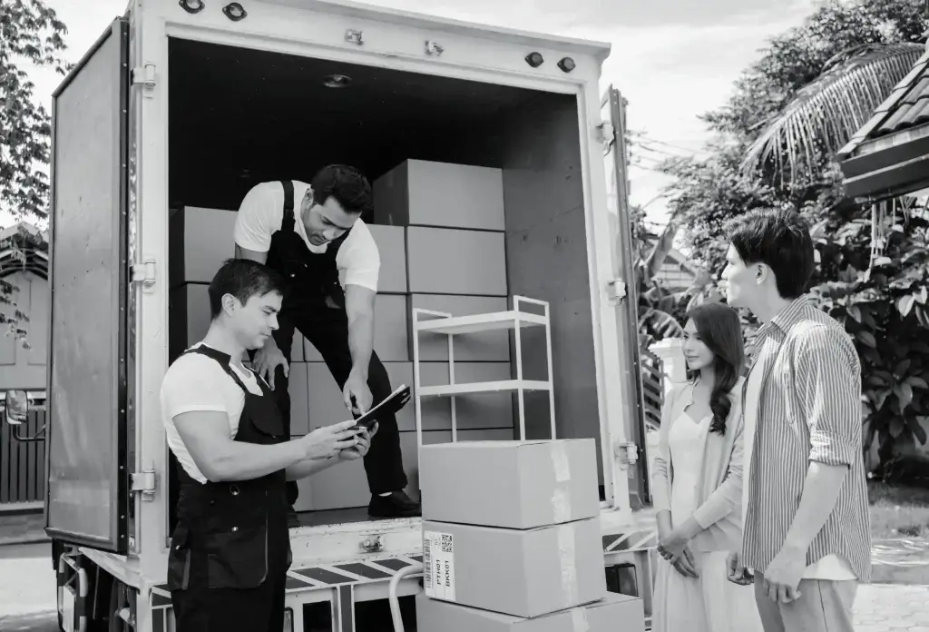 Workers loading cardboard boxes into a delivery truck at warehouse dock