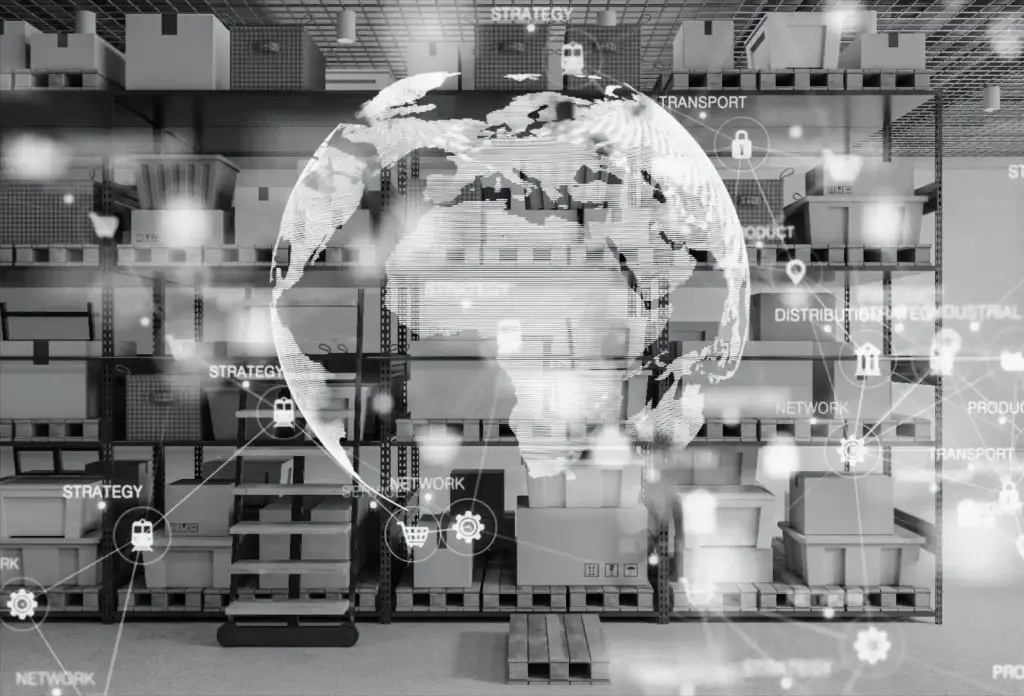 Digital globe graphic illustrating international logistics and supply chain network