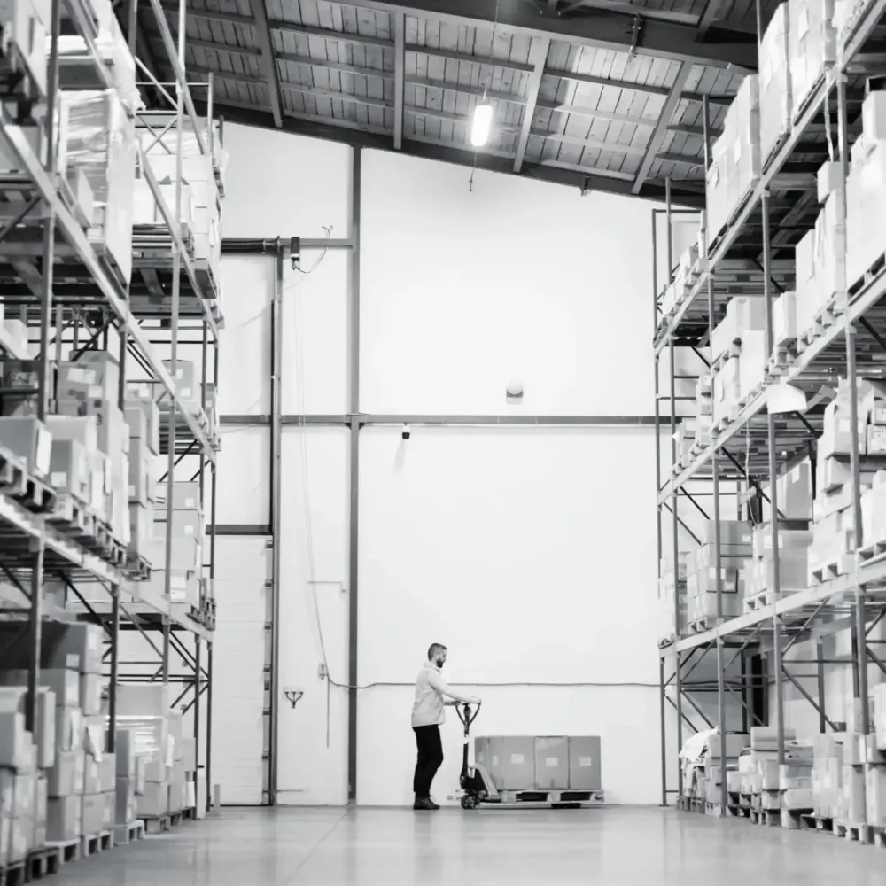 Warehouse operator driving electric pallet truck through the facility