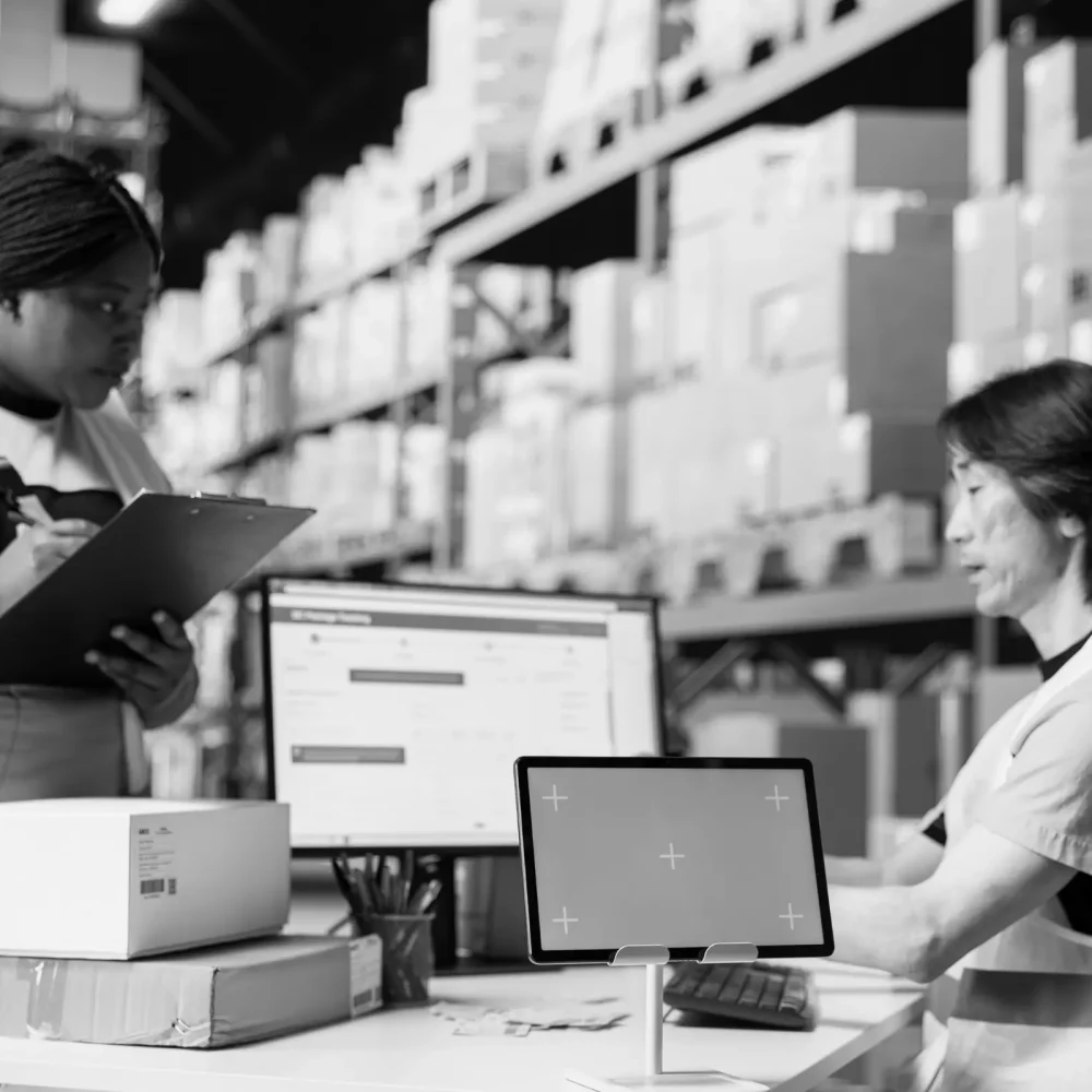 Two logistics specialists reviewing return analytics and inventory reports