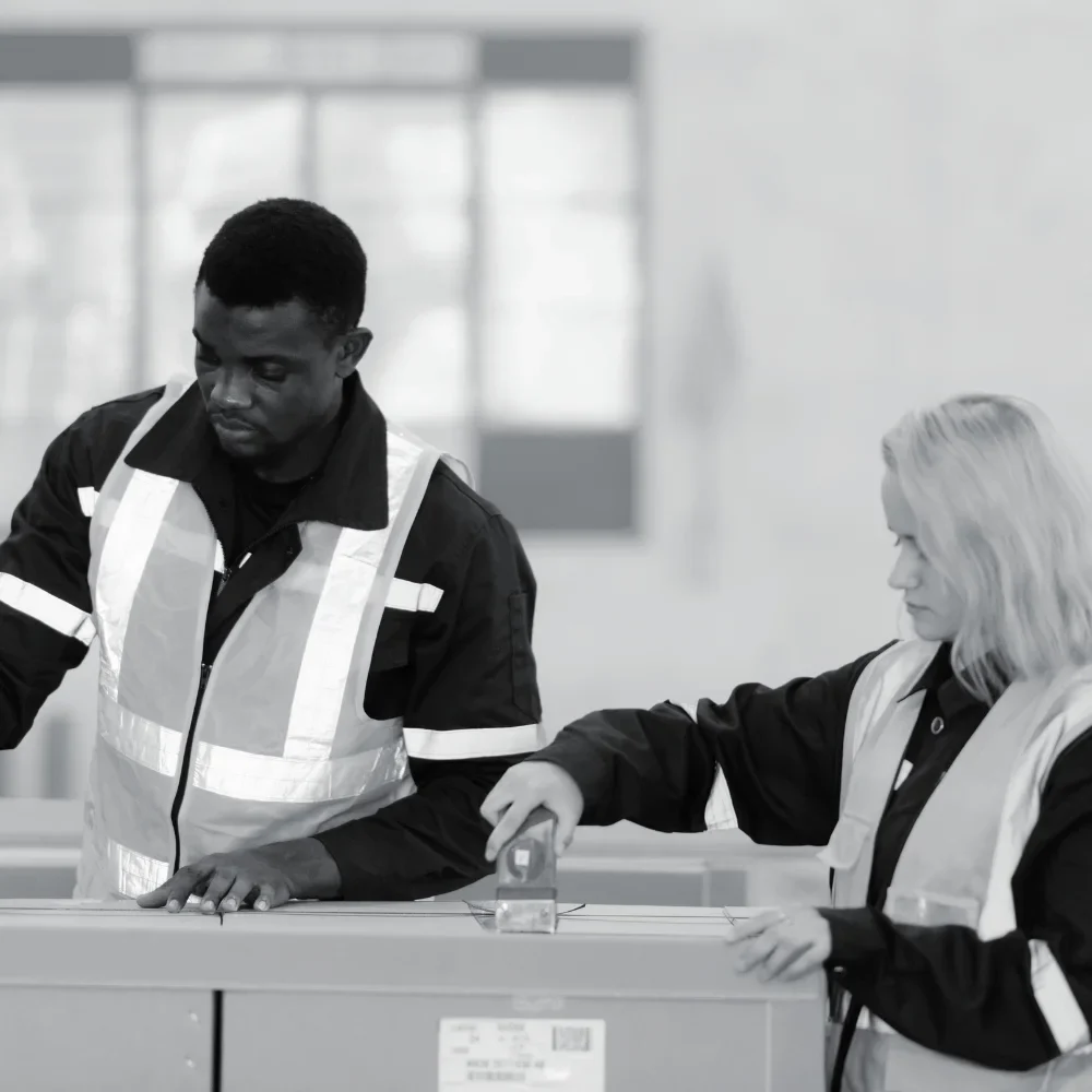 Warehouse team member handing over box to colleague at packing station
