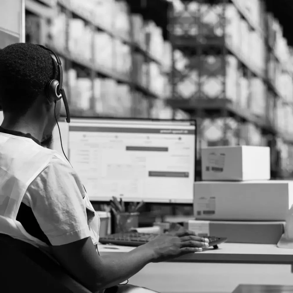 Male warehouse staff working at a computer in logistics operations